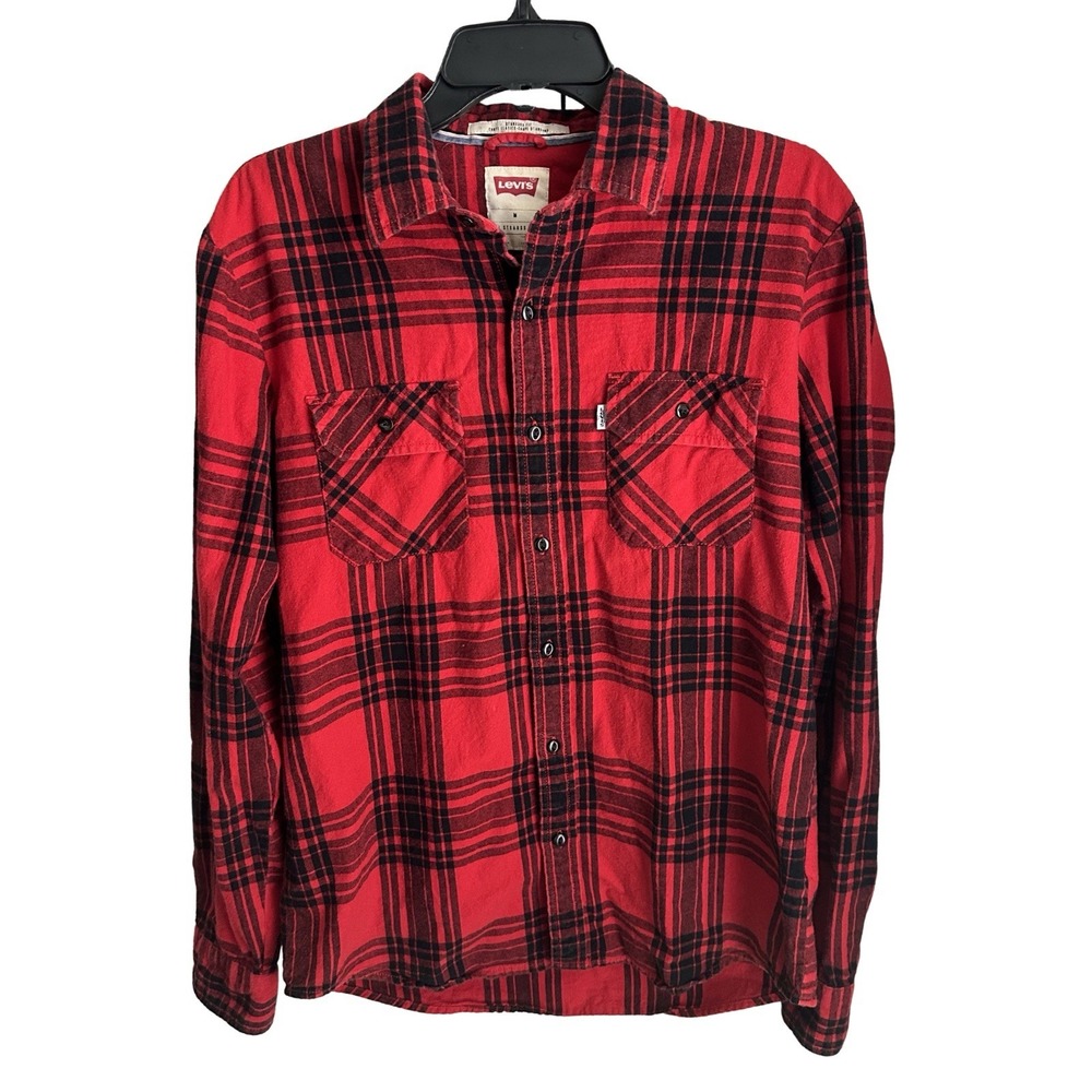Levis Red Black Plaid Flannel Button Down Shirt Mens Lightweight Cotton Medium M